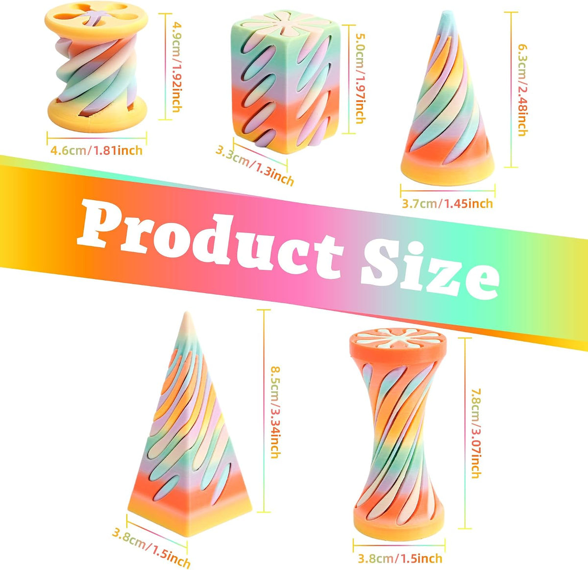 5 Packs Impossible Cone Fidget Toys, 3D Printed Spiral Cone Sensory Toy for Stress Relief, Kids & Adults Classroom Prize Gift (Carnival Rainbow)